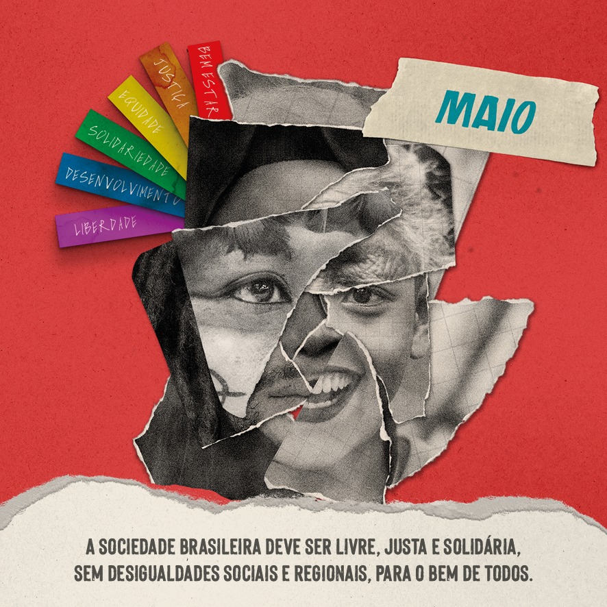 imagem de fundo em cor vermelha, em destaque montagem de mulher com recortes de rostos de outras mulheres e as cores da causa LGBTQIA+