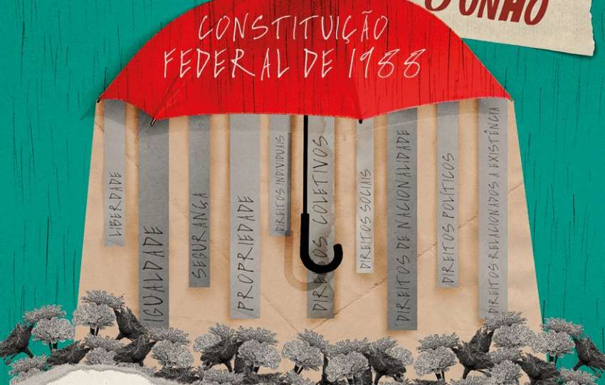 imagem de um guardachuva com papeis onde estão escritos direitos fundamentais constitucionais
